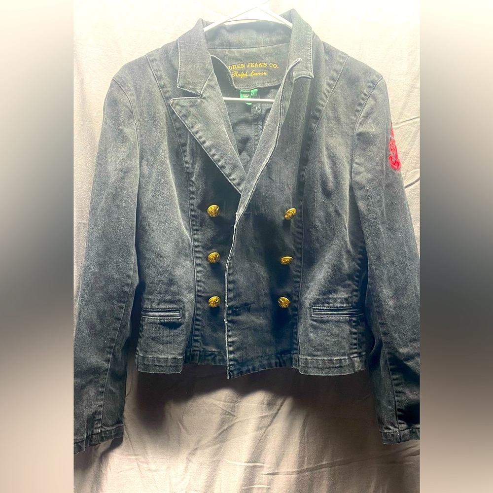 Ralph Lauren military distressed blk denim jacket Sz L. Needs sleeve buttons